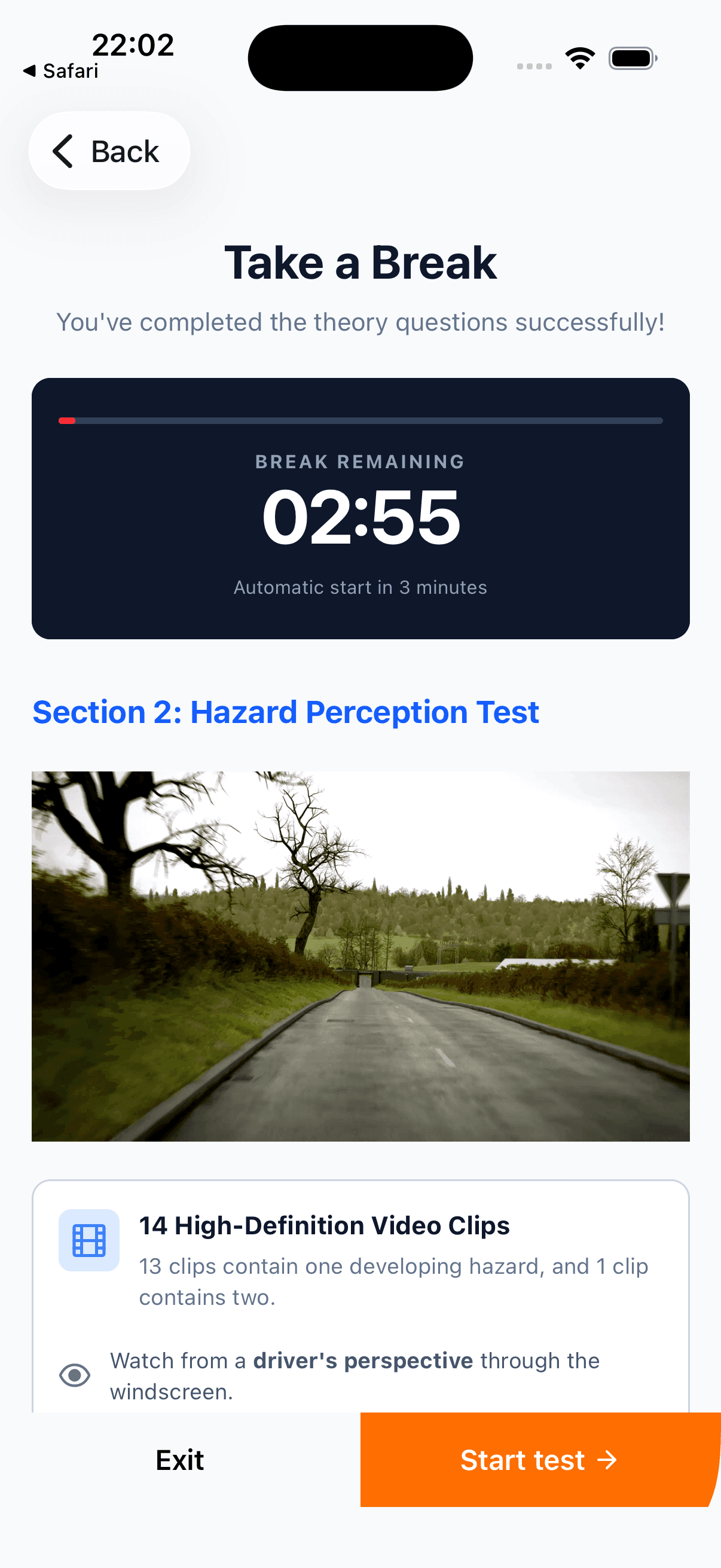The three minute break screen counting down before the hazard perception section