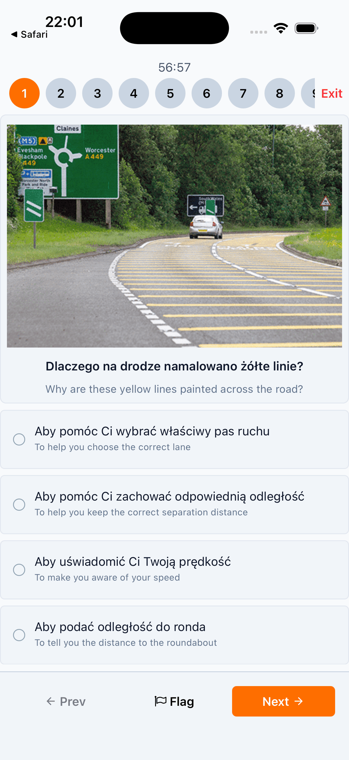 A mock test question on iPhone, shown in Polish with the English beneath it