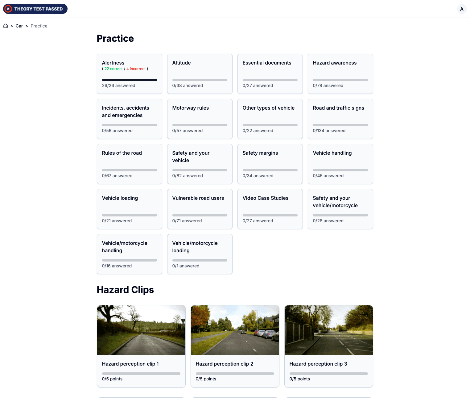 Practice topics and hazard clips on the web app