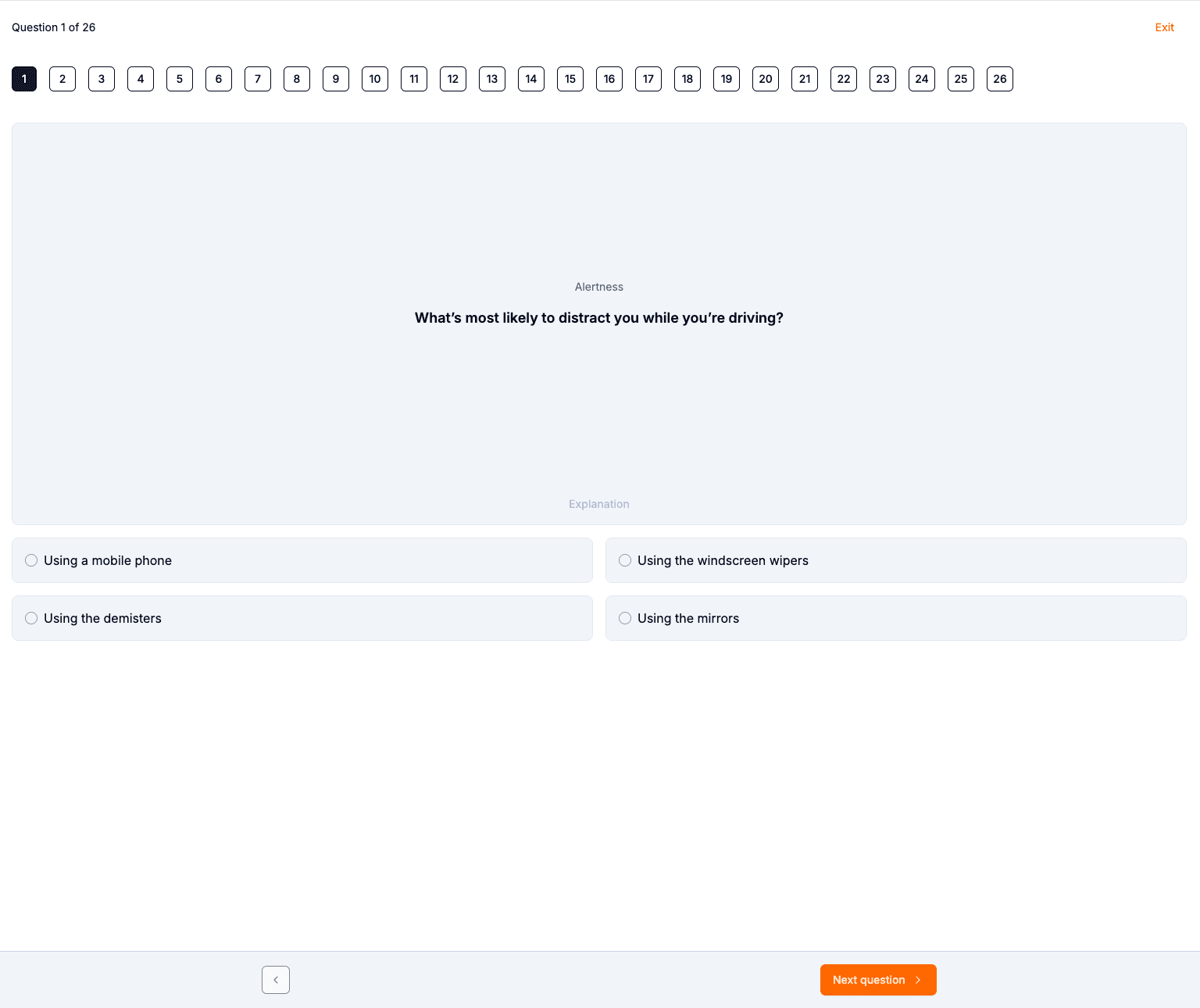 A practice question with four answers on a wide screen