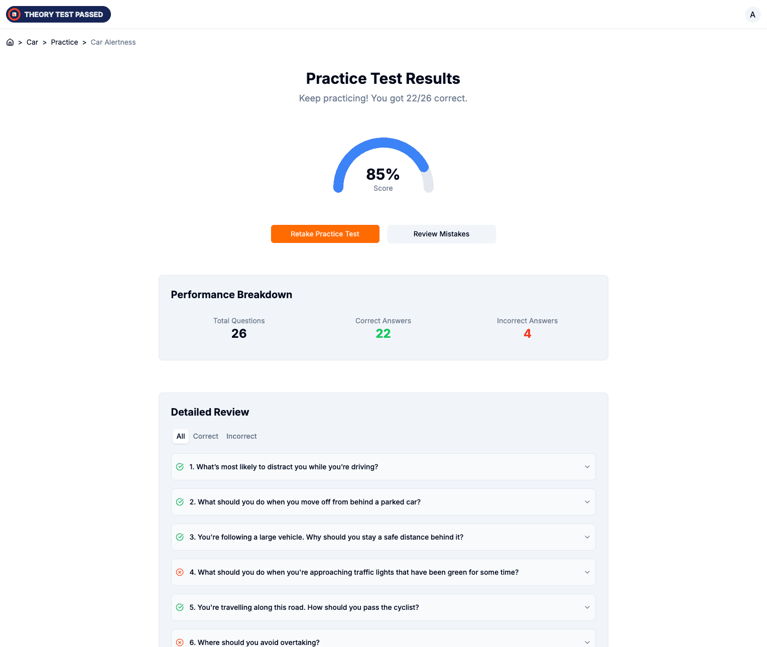 Practice test results with a score ring and detailed review