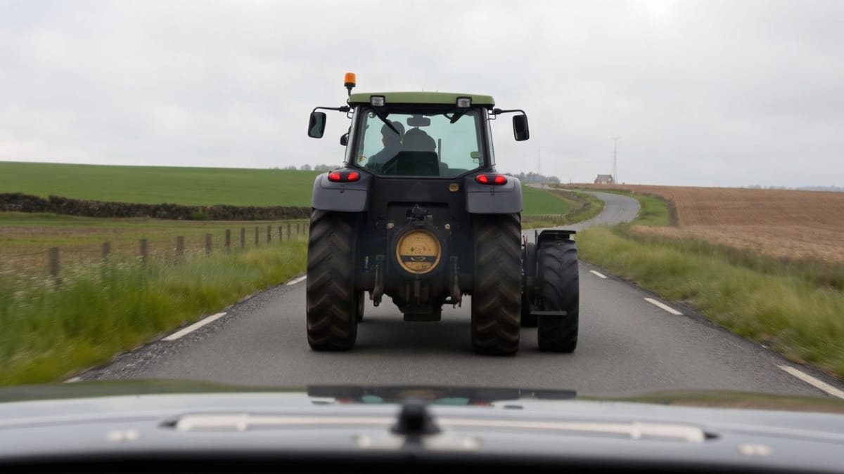 Driver's view from behind a slow tractor on a narrow country road with a bend ahead