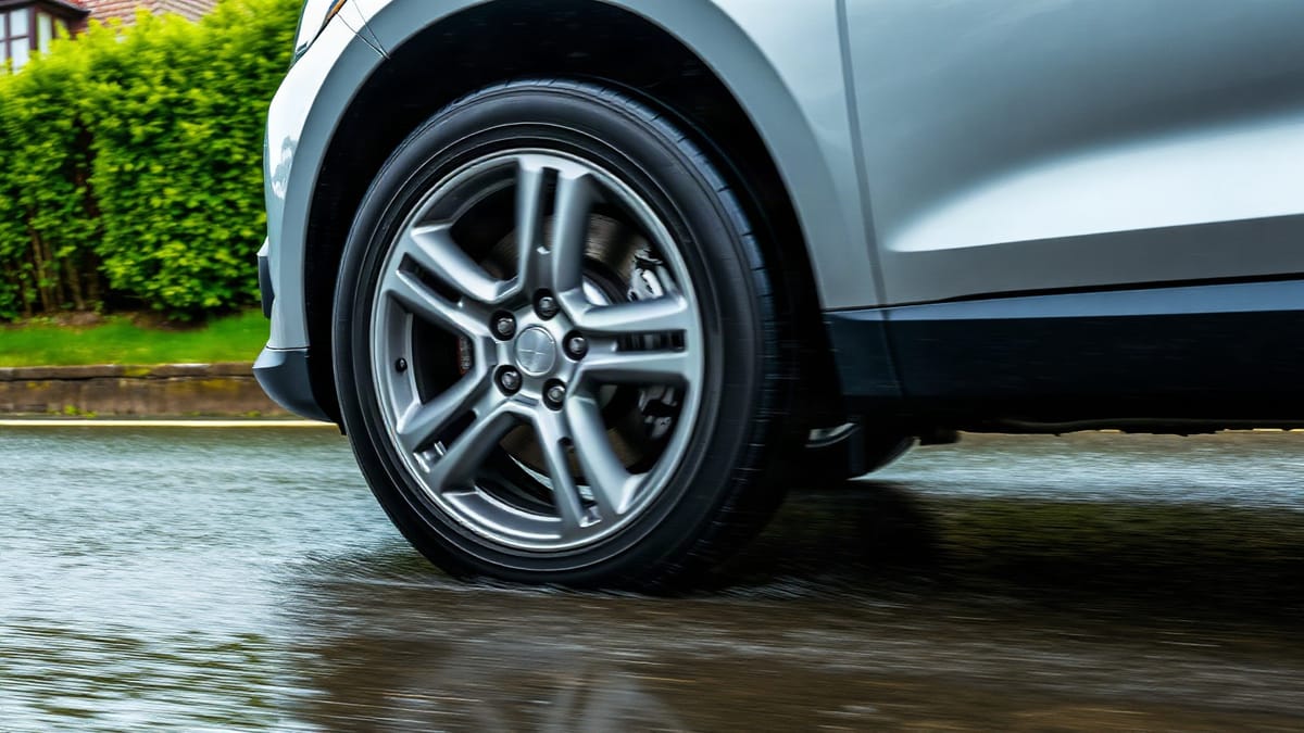 A car wheel braking on a rain soaked road with water on the surface