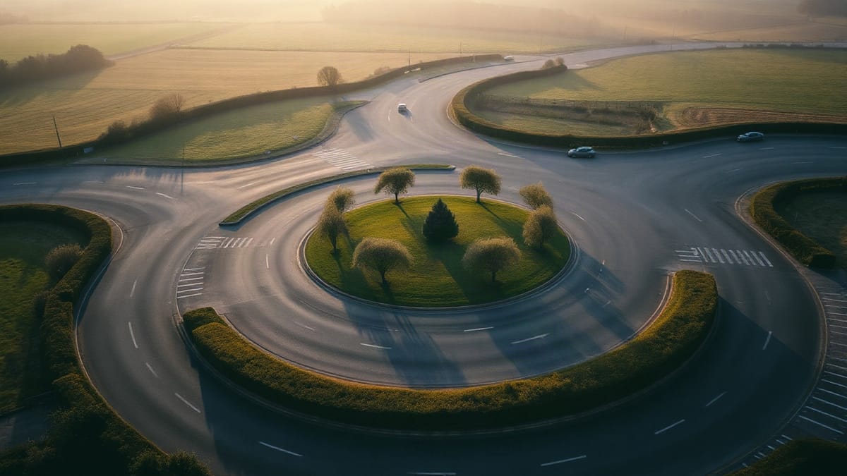 Aerial view of a countryside roundabout with a tree-planted central island and roads joining it