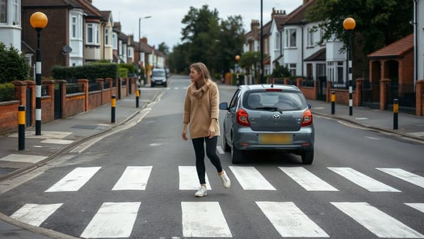 A woman walking across a zebra crossing on a residential street, with black and white poles and amber beacons either side