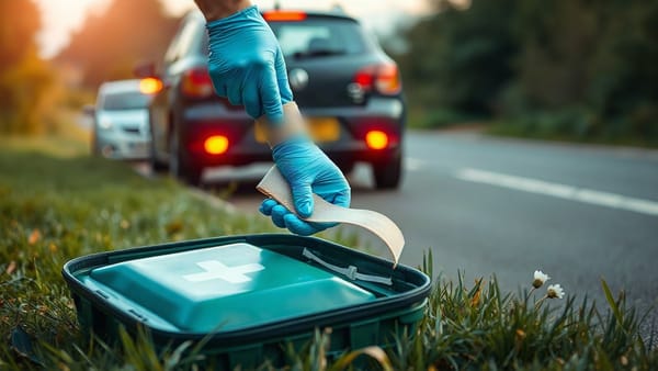 Gloved hands taking a bandage from a first aid kit on a grass verge beside a car with hazard lights on