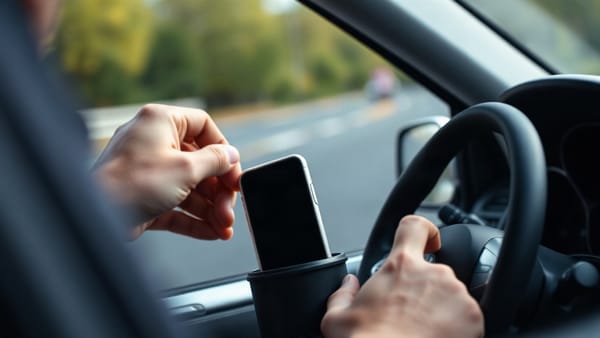 A driver's hand reaching for a phone in the cupholder while driving